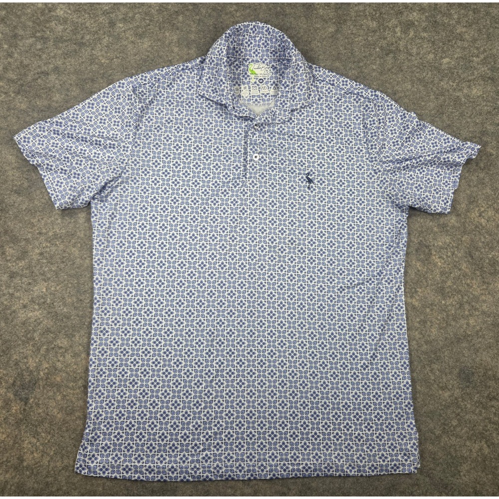 TailorByrd Mens Performance Polo Shirt Blue White Geometric Floral Print Size M